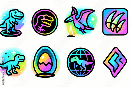 Dinosaur icon set. Vintage, 3d t-rex, pterodactyl, claws icons collection