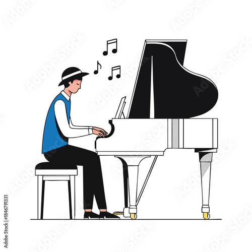 A person plays a grand piano, musical notes float above. Simple illustration