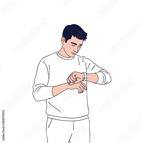 A person in white checks their watch with a light skin tone and black hair