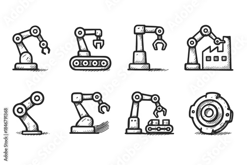 Industrial, automation sketch icon set. Robotics, machinery outline symbols collection
