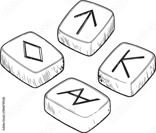 Rune stones Hand-drawn Sketch Drawing Vector Illustration, Line Linear Symbol Engraving Coloring Book, Black and White Isolated
