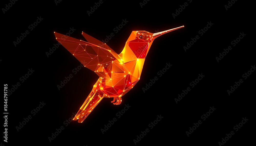 Naklejka premium Orange wireframe hummingbird with illuminated vertices on black polygonal geometric