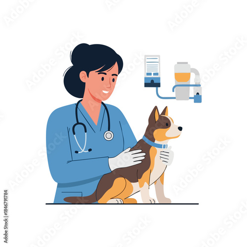 A vet and her dog in a clinic, with an IV drip nearby