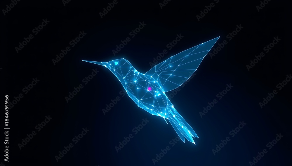 Naklejka premium Blue wireframe hummingbird with glowing dots and pink center on dark background image photo