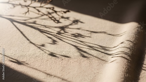 Soft Botanical Shadow on Beige Linen Fabric Background