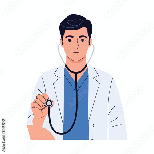 A male doctor with a stethoscope in hand, wearing a white coat and blue uniform