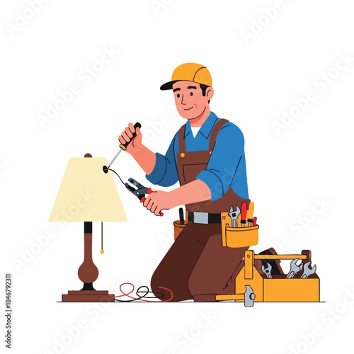 An electrician repairs a lamp, using tools, with a toolbox
