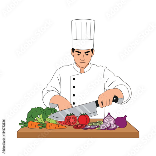 A chef in a white uniform cutting vegetables on a wooden cutting board