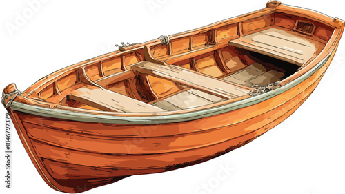 Detailed Wooden Boat Vector Illustration Isolated on White Background