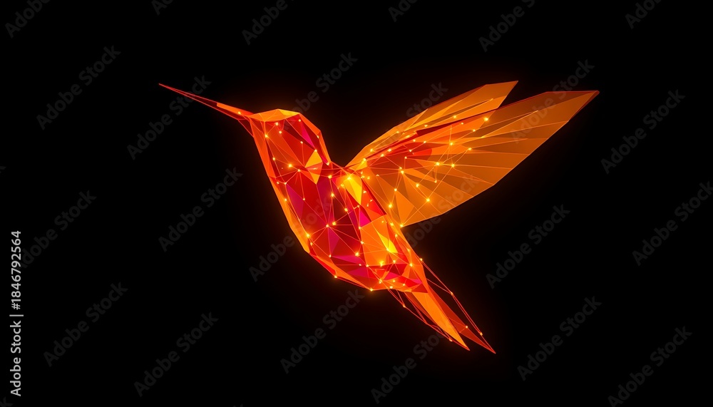 Naklejka premium Red polygonal hummingbird with glowing points on dark background geometric low poly