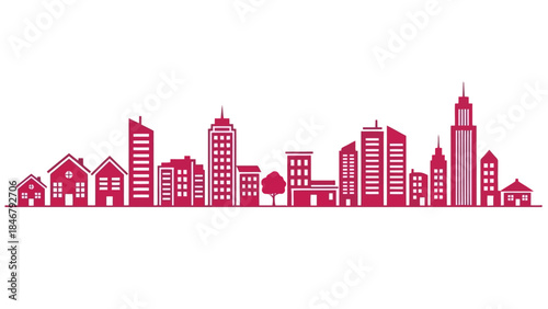 Modern Cityscape Silhouette with Diverse Buildings and Tree, Pink Vector Illustration