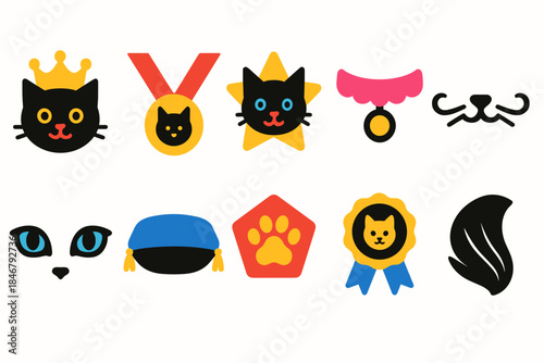 Cat icon set: flat, colorful feline icons collection for pets and awards