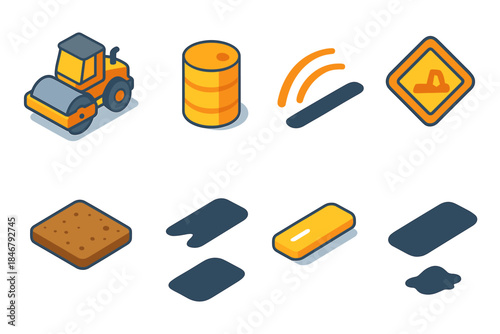 Construction and roadwork flat icon set. Equipment, safety, and signs collection