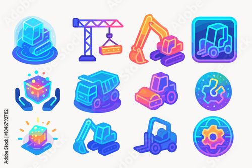 Construction and machinery 3d icon set. Industrial equipment 3d graphics collection
