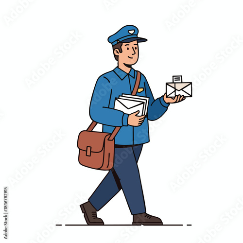 A mail carrier in uniform, walking while holding envelopes and a satchel