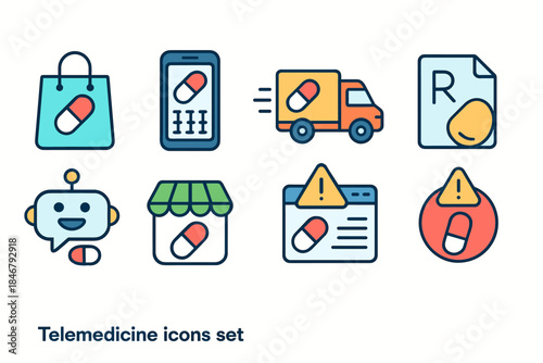 Telemedicine flat icon set. Healthcare, online consultation, pharmacy symbols collection