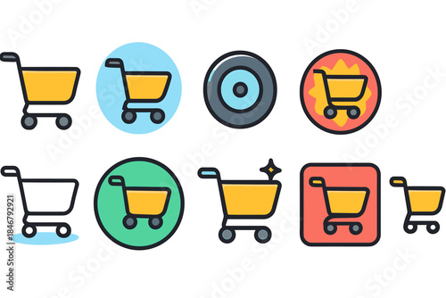 Shopping cart flat icon set. Commerce, ecommerce, retail icons collection
