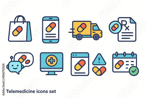 Telemedicine, pharmacy flat icon set. Health technology flat icons collection
