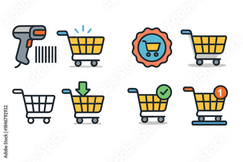 Shopping cart flat icon set for e-commerce and retail applications