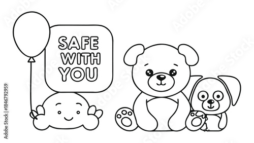 A minimal teddy bear with a balloon tied to his paw and a dog and a smiley face are depicted in this cute