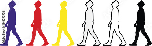 Silhouettes of People Walking in Different Colors on White Background