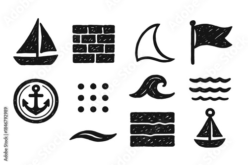Nautical, sea and boat silhouette icon set. Marine, sailing icons in black collection