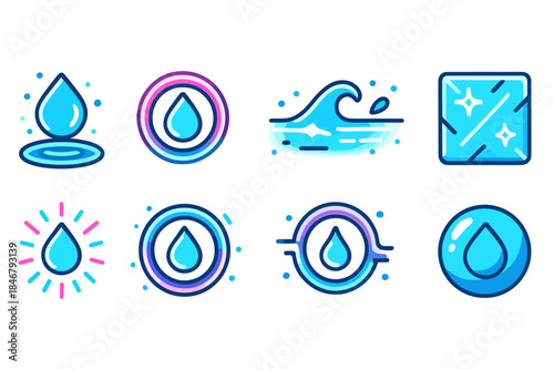 Water-themed icon set with flat style. Essential water icons collection for digital design