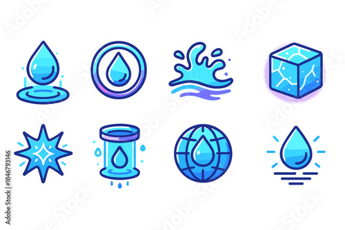 Water elements icon set in flat style. Hydration, splash, ice, global water symbols