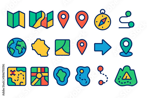 Navigation and map icon set. Explore routes with colorful, flat mapping symbols.