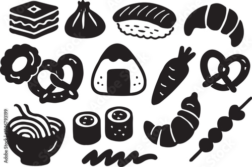 Diverse food silhouette vector art illustrations featuring baklava dumplings sushi croissant pretzels onigiri and more in a whimsical style on a white background