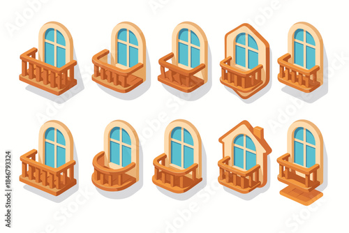 Balcony and window 3d icon set. Home, exterior elements 3d collection.