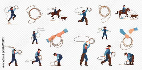 Cowboy with lasso in various poses, including riding a horse and roping a calf, on a transparent background.