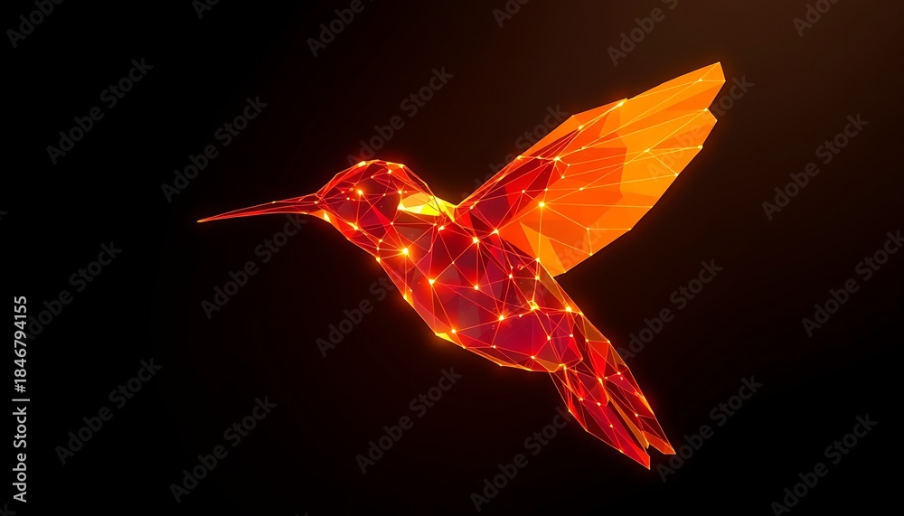 Naklejka premium Orange Geometric Hummingbird with Wireframe Structure Flying on Black polygon low poly
