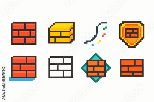 Brick, wall flat icon set. Construction, masonry, building flat design collection.