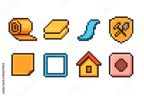 Construction and home pixel art icon set. Tools, materials, and building outline collection