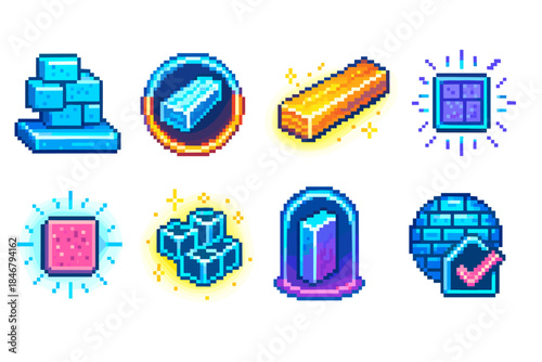 Pixel art treasure icon set. Gems, gold, and crystal icons in 3d pixelated style