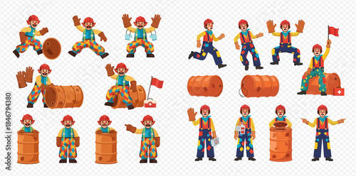 Set of cartoon construction workers in various poses with barrels and safety equipment.