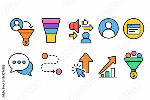 Marketing and sales flat icon set. Conversion, crm, funnel, communication icons collection