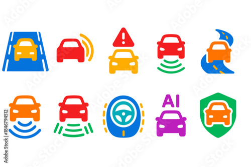 Autonomous vehicle flat icon set. Self-driving, ai, safety, navigation, road, alert icons