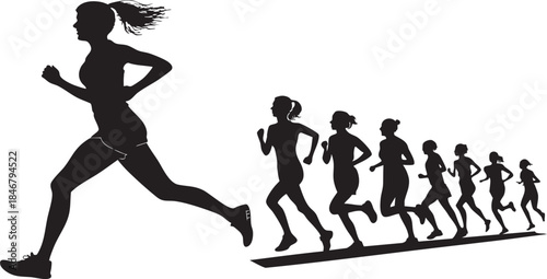 Group of Female Runners Running Together in Outdoor Fitness Training, Athletic Women Jogging for Marathon Preparation, Team Running Concept for Healthy Lifestyle, Endurance, Strength and Motivation