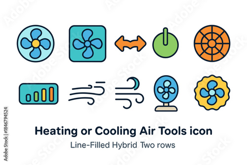Heating and cooling air tools icon set. Line-filled hybrid collection