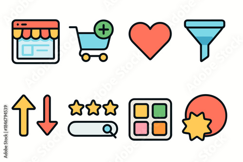 Online shopping icon set. E-commerce, retail illustrations in flat style