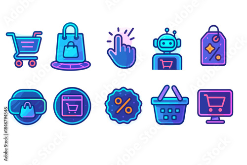 E-commerce shopping icon set. Vibrant flat icons for online retail and sales.