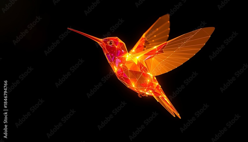 Naklejka premium Fiery Orange Geometric Hummingbird with Wings Spread on Black Background polygon low poly
