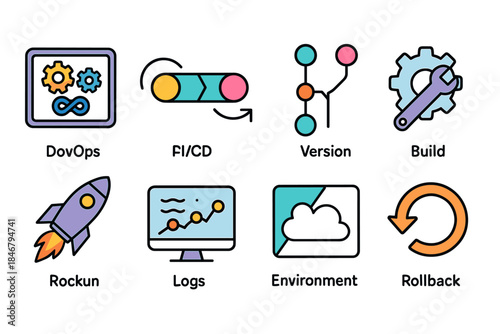 Devops and ci/cd processes icon set. Flat build, version, rollback icons collection