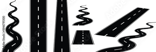 Minimalist black and white vector art of straight and curvy abstract road elements isolated on white background with multiple angles and shapes design