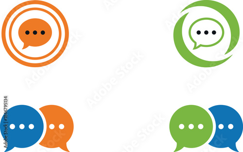 A set of colorful vector logo elements featuring variations of chat and speech bubbles with ellipses, symbolizing online communication, discussion forums, and customer support.