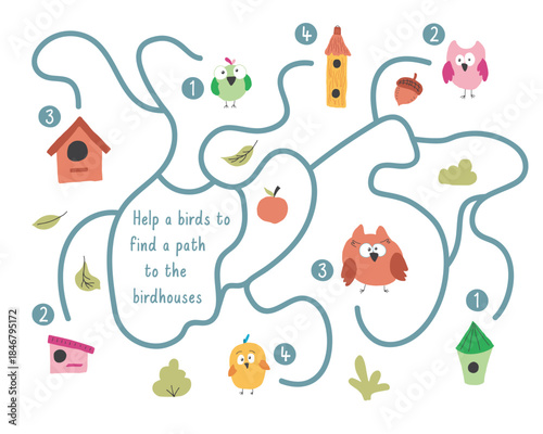 Labyrinth, Maze game for children. Logical puzzle for kids. Quest to find the right path for a bird to the birdhouse. Vector illustration