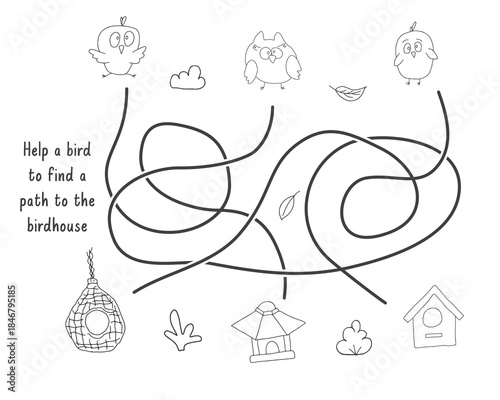 Labyrinth, Maze game for children. Logical puzzle for kids. Quest to find the right path for a bird to the birdhouse. Vector illustration