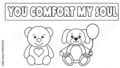 A cute teddy bear and dog sitting together with a heart and balloon